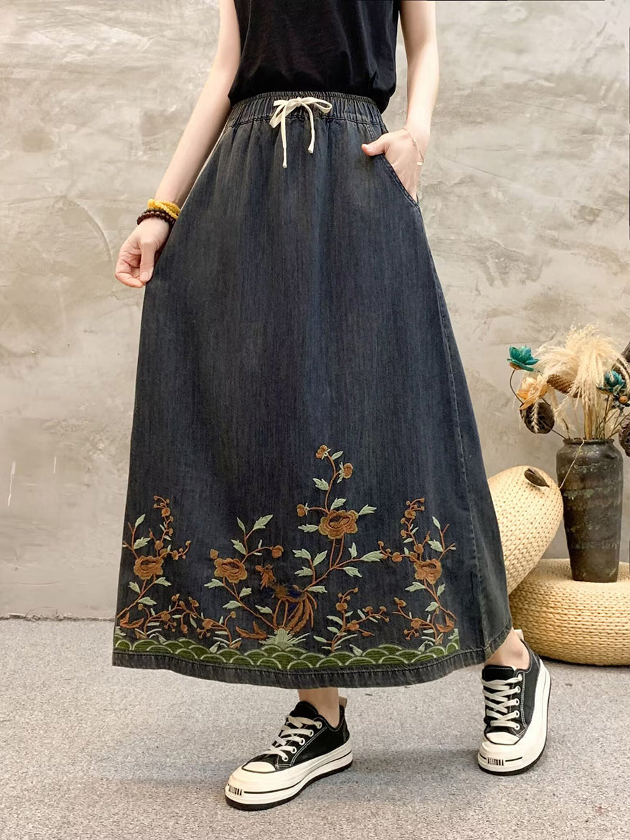 Women Summer Artsy Flower Embroidert Denim Skirt FG1009