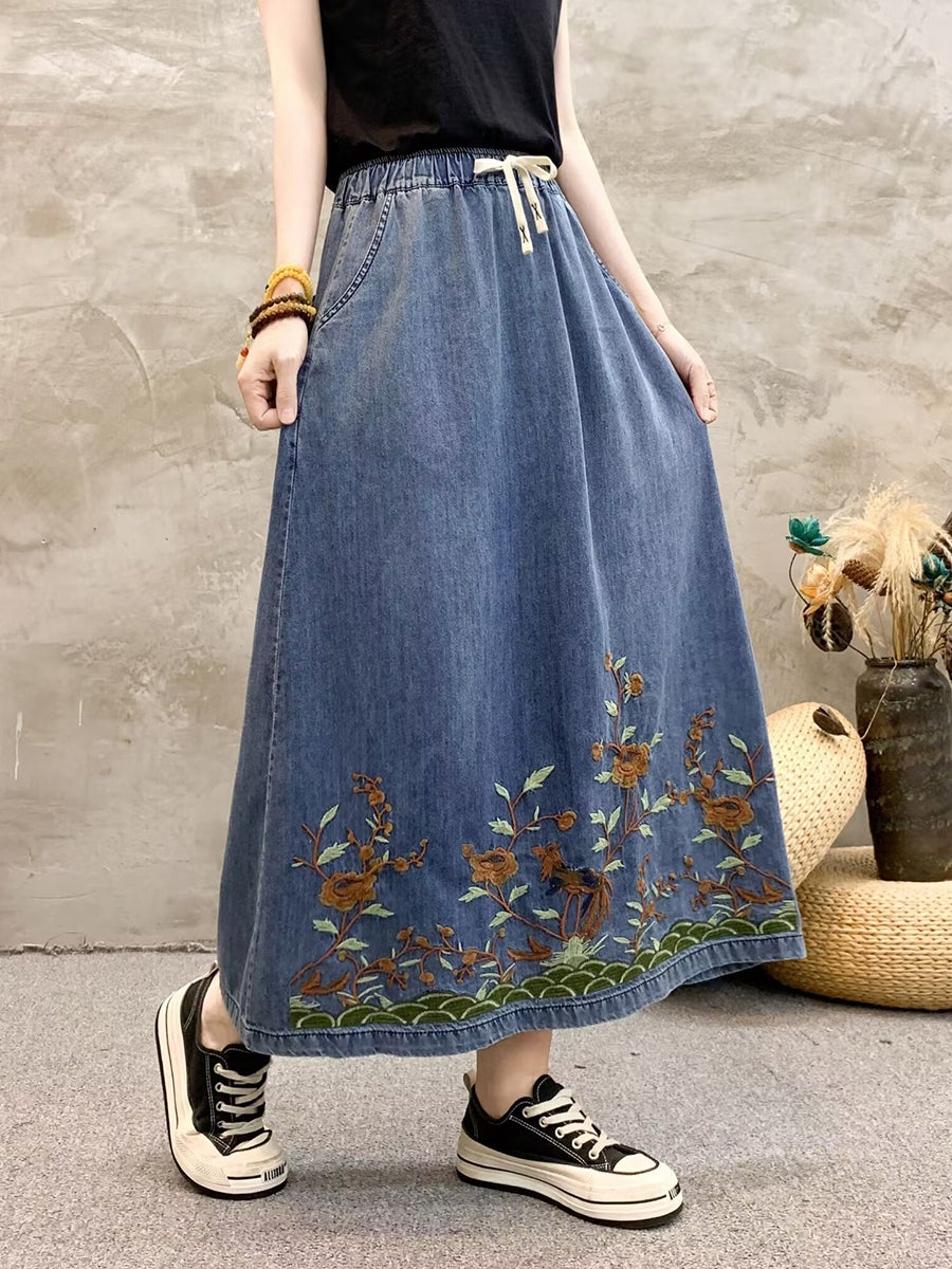 Women Summer Artsy Flower Embroidert Denim Skirt FG1009