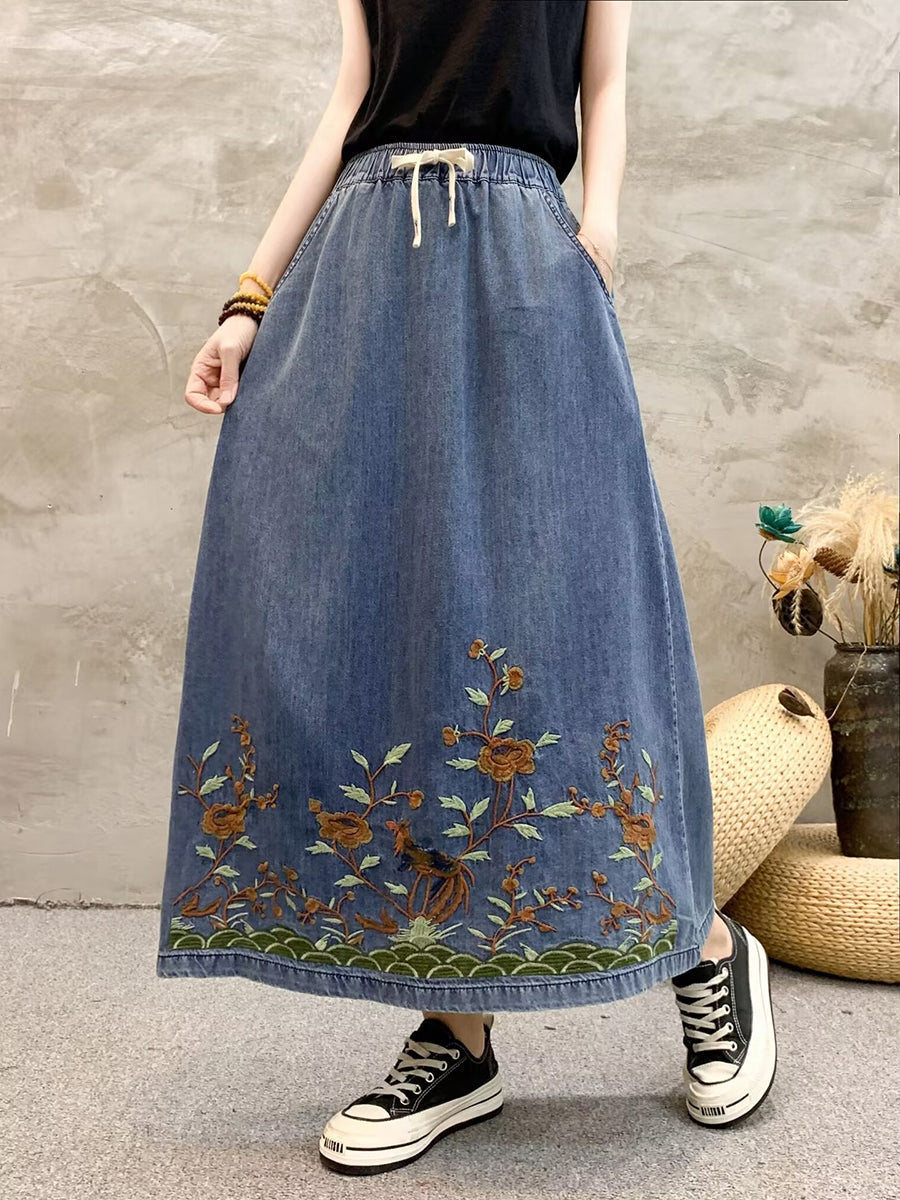 Women Summer Artsy Flower Embroidert Denim Skirt FG1009