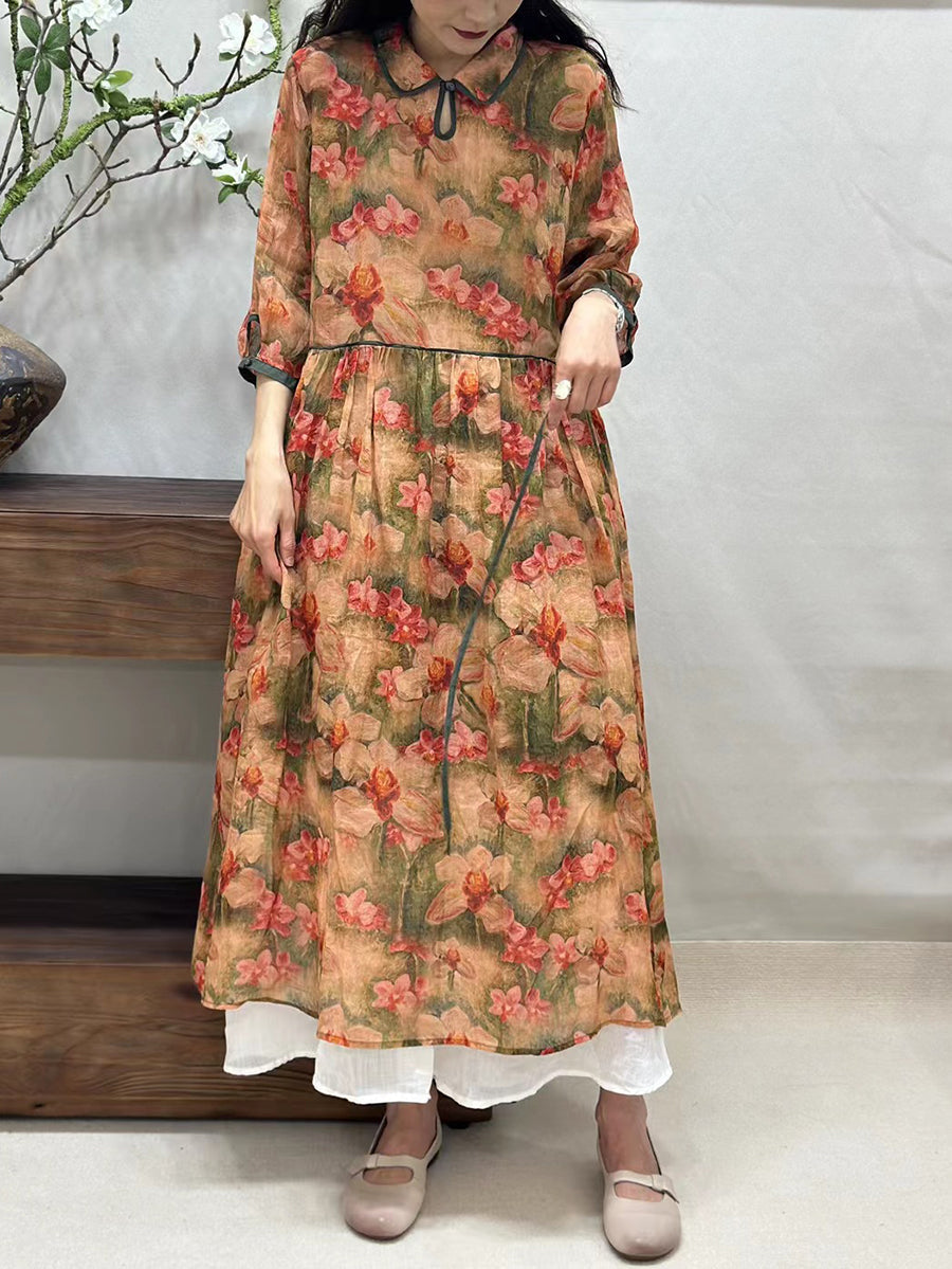 Women Summer Vintage Flower Turn-down Collar Ramie Dress ZZ1022