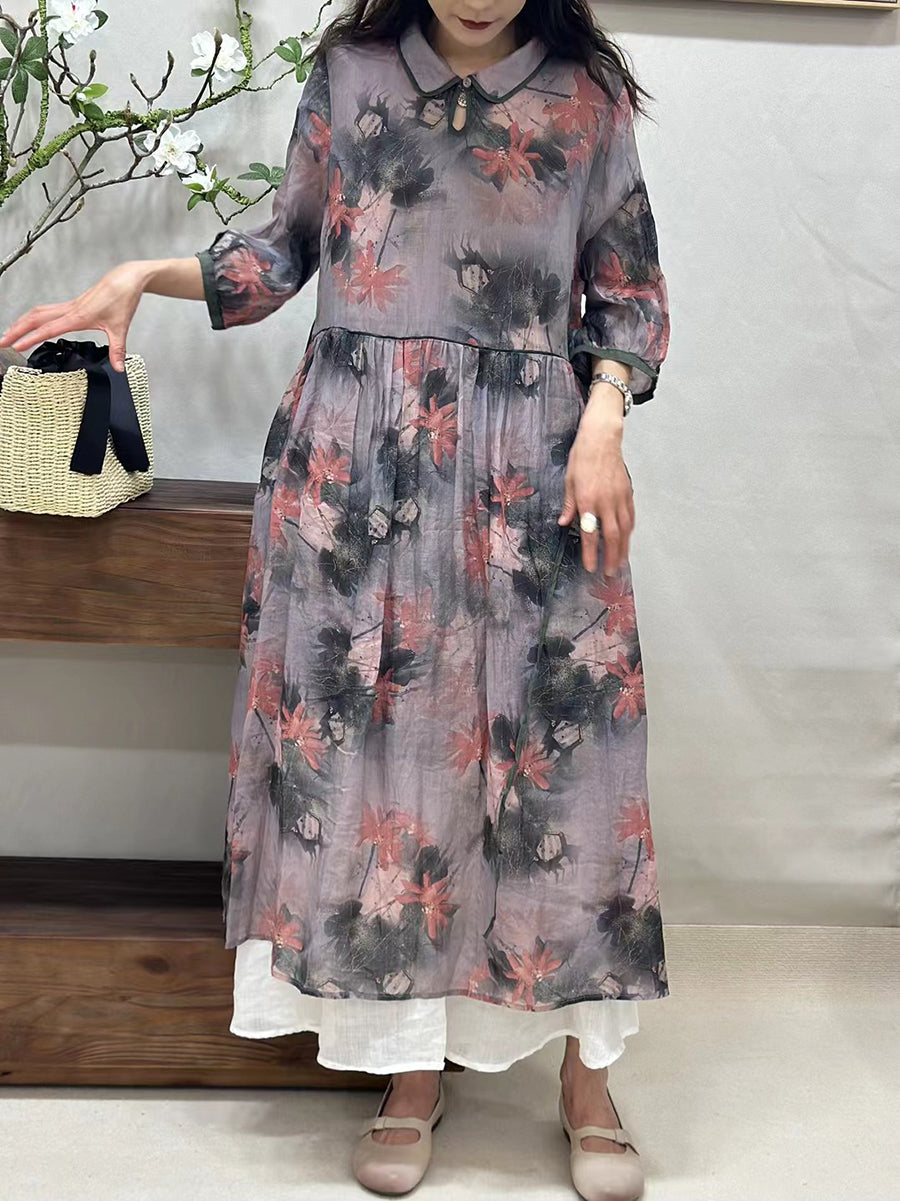 Women Summer Vintage Flower Turn-down Collar Ramie Dress ZZ1022