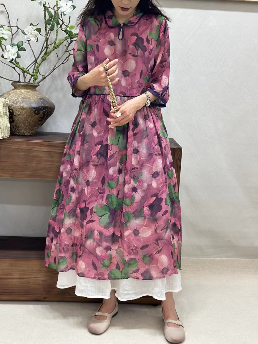 Women Summer Vintage Flower Turn-down Collar Ramie Dress ZZ1022