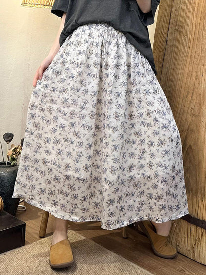 Women Summer Artsy Floral Dual-layer Ramie Skirt BN1041