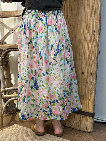 Women Summer Artsy Floral Dual-layer Ramie Skirt BN1041