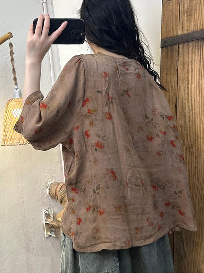 Chemise d'été en coton à col rond et imprimé floral vintage pour femme BN1022