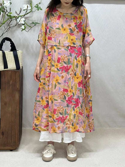 Damen Sommerkleid mit Blumenmuster und Rundhalsausschnitt aus Ramie BN1016