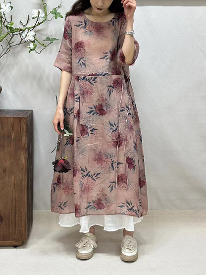 Damen Sommerkleid mit Blumenmuster und Rundhalsausschnitt aus Ramie BN1016