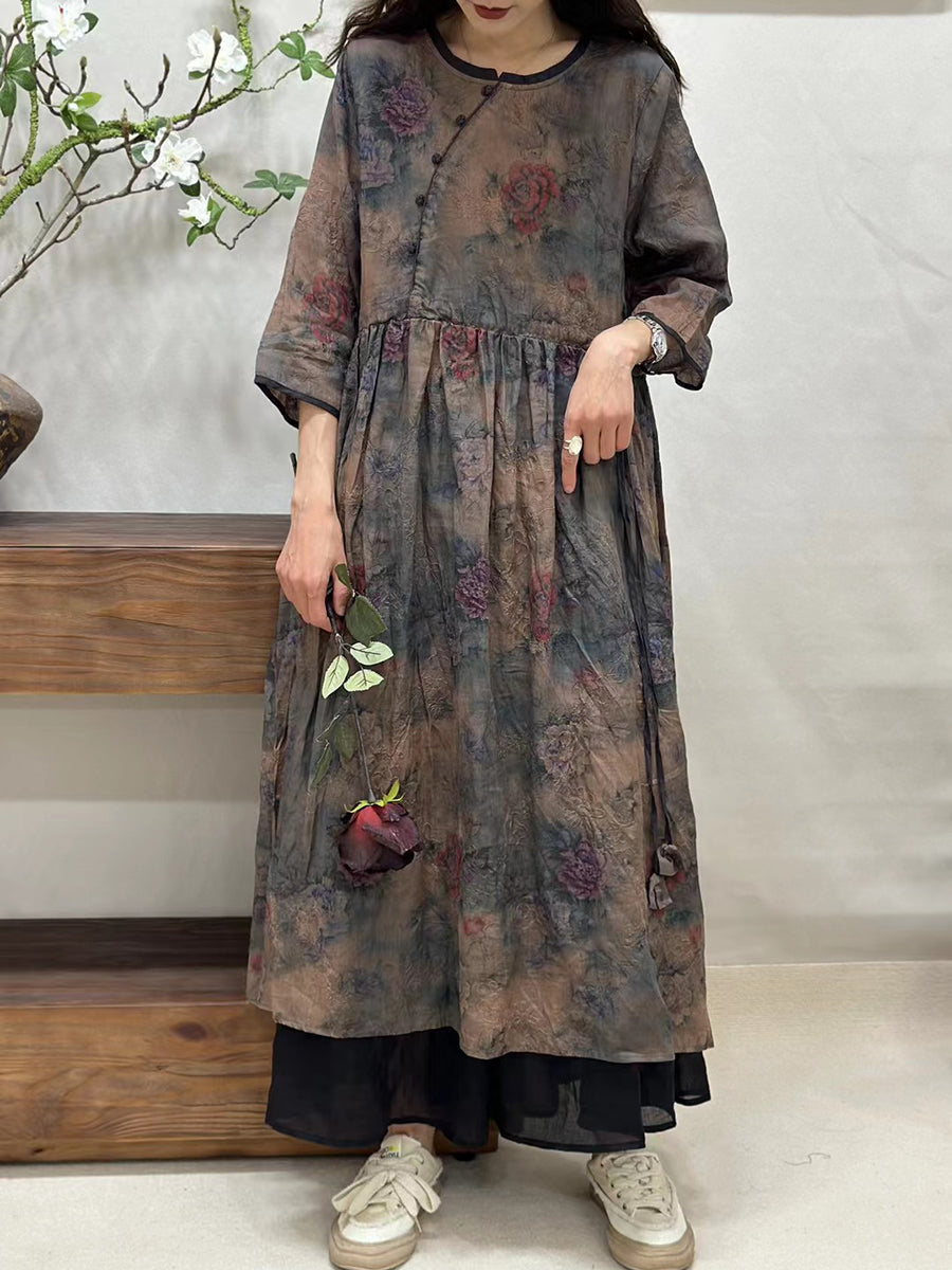 Robe ample d'été vintage à imprimé floral en ramie pour femme BN1015