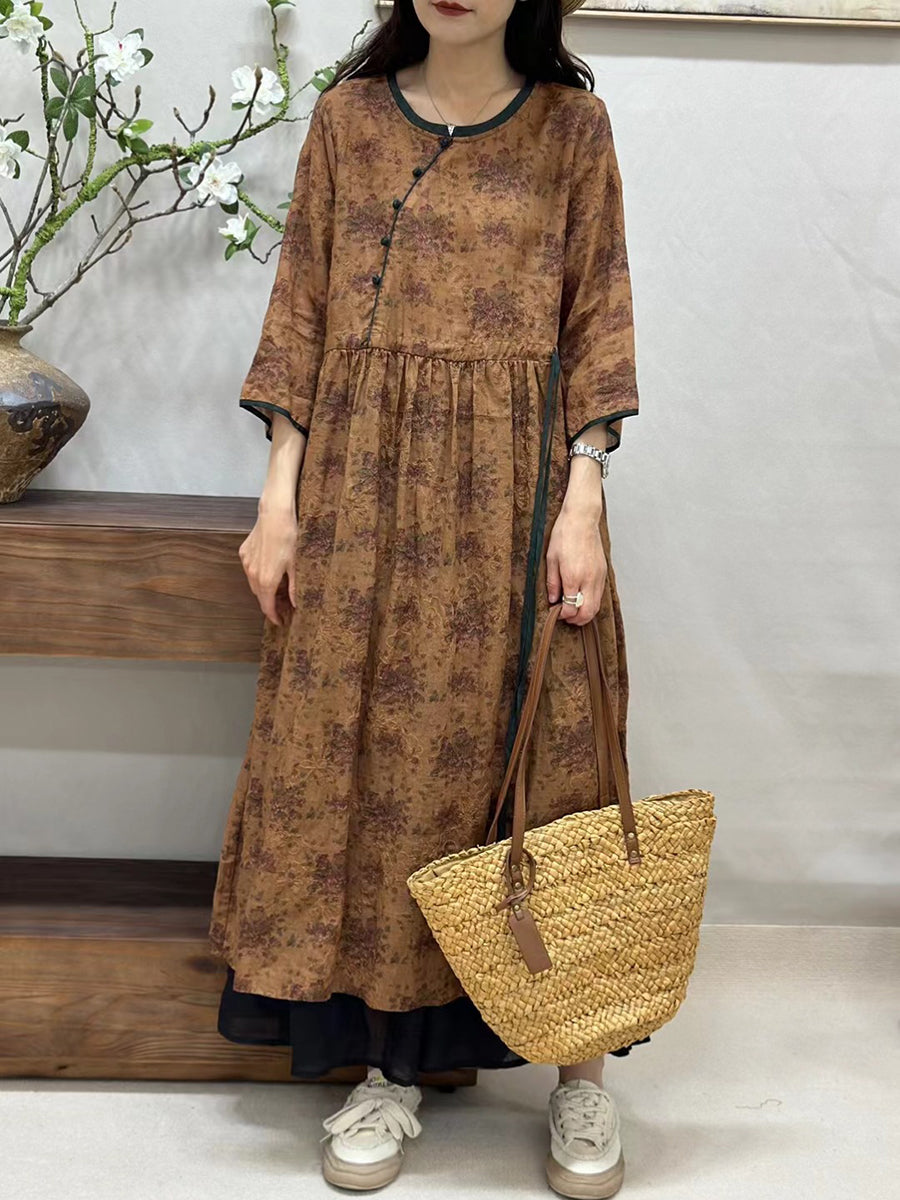 Women Summer Vintage Floral Spliced Ramie Loose Dress CV1002