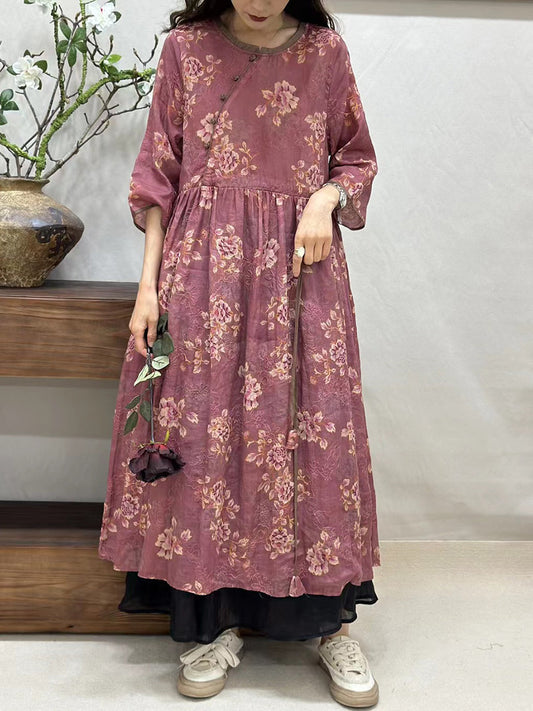 Robe ample d'été vintage à imprimé floral en ramie pour femme BN1015