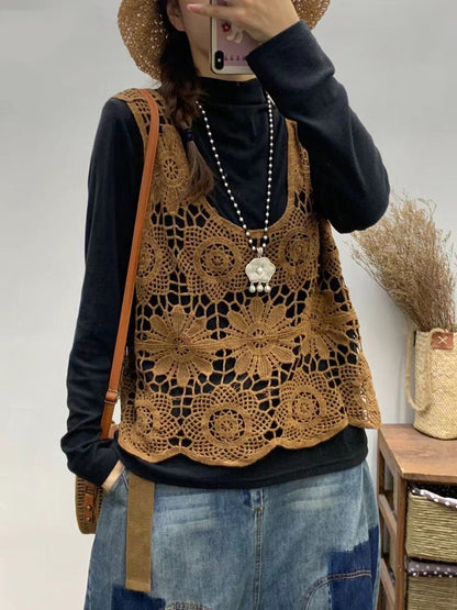 Gilet d'été en tricot à fleurs artistiques pour femmes avec découpes et col en V CV1023