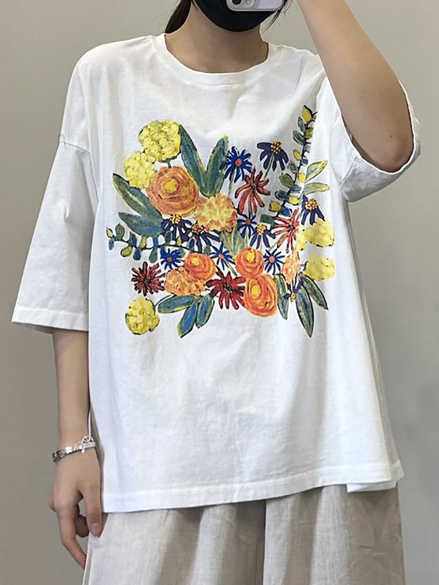 Damen Casual Blumen Sommer Baumwolle Pullover Shirt OP1050