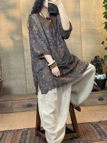 Women Summer Vintage Flower Spliced V-Neck Ramie Shirt OP1036