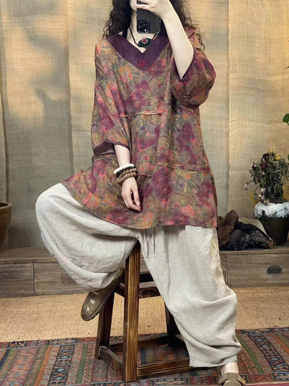 Women Summer Vintage Flower Spliced V-Neck Ramie Shirt OP1036