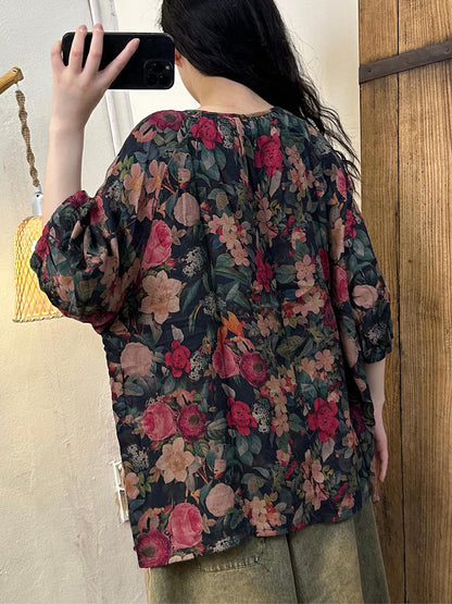 Women Summer Floral Artsy V-Neck Cotton Shirt OP1035