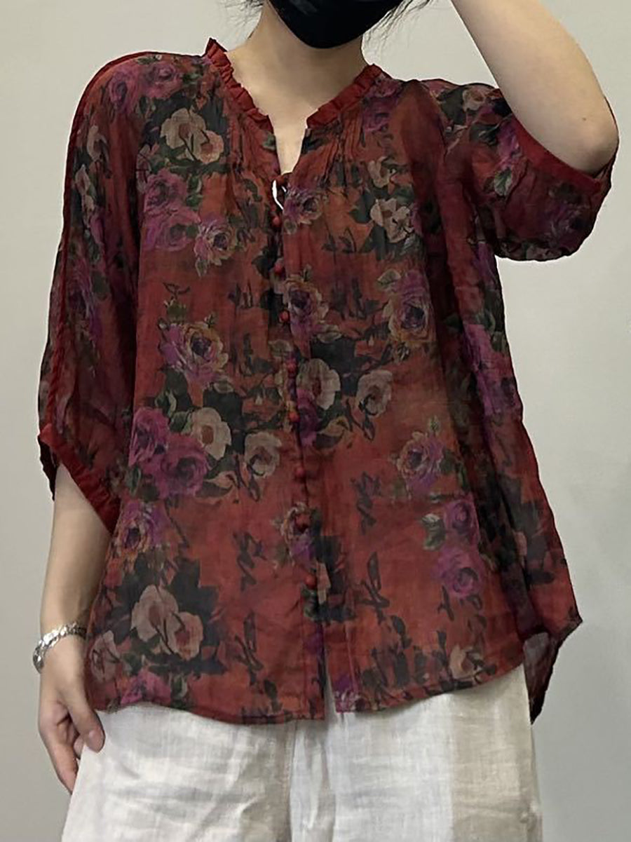 Chemise d'été en ramie à col en V et boutons pour femme, style vintage, à fleurs, OP1054