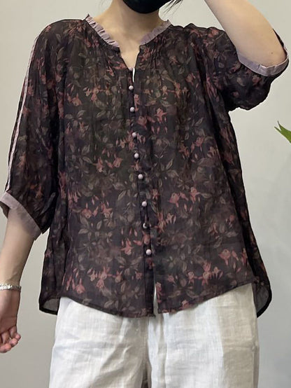 Chemise d'été en ramie à col en V et boutons pour femme, style vintage, à fleurs, OP1054