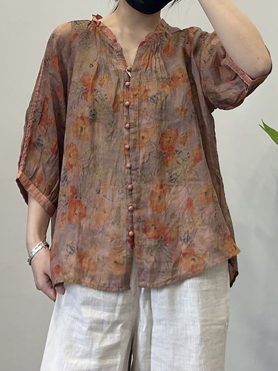 Chemise d'été en ramie à col en V et boutons pour femme, style vintage, à fleurs, OP1054