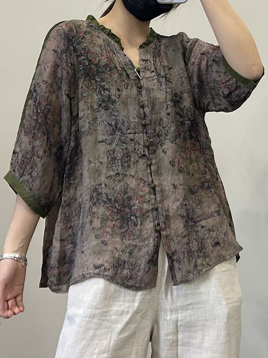 Chemise d'été en ramie à col en V et boutons pour femme, style vintage, à fleurs, OP1054