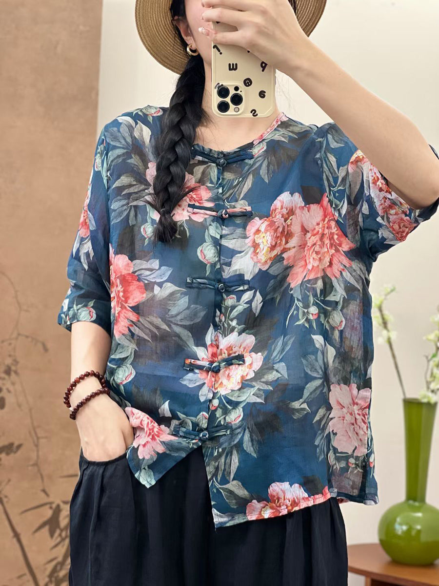 Damen Sommer Ethno Blumen Button-up Ramie Shirt OP1046