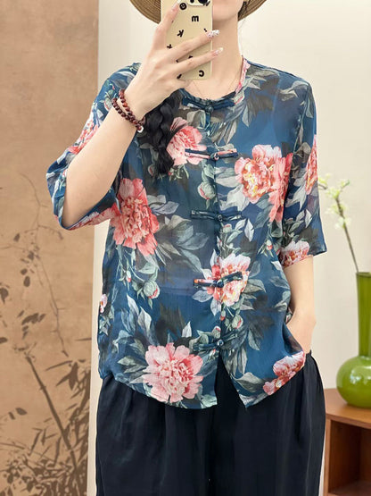 Damen Sommer Ethno Blumen Button-up Ramie Shirt OP1046