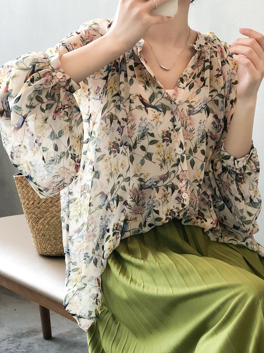 Women Artsy Spring Floral V-Neck Loose Shirt RR1006