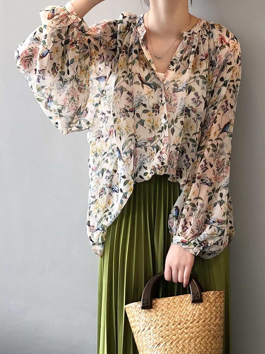 Women Artsy Spring Floral V-Neck Loose Shirt RR1006