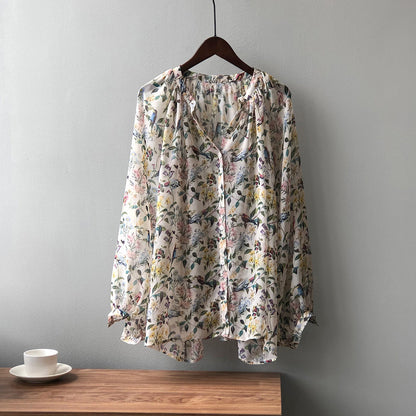 Women Artsy Spring Floral V-Neck Loose Shirt RR1006