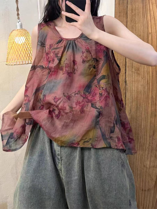 Women Summer Artsy Flower Button Loose Ramie Vest OP1004