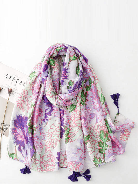 Damen Schal mit Blumenmuster und Quaste, Violett, OP1029 