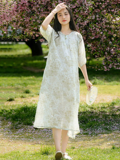 Women Summer Artsy Flower Print Loose Ramie Dress OO1025