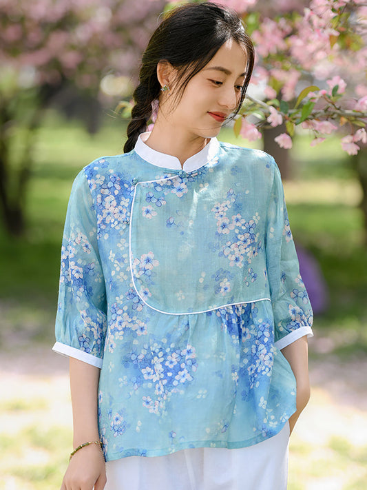 Chemise d'été en ramie à imprimé floral ethnique pour femme OO1010