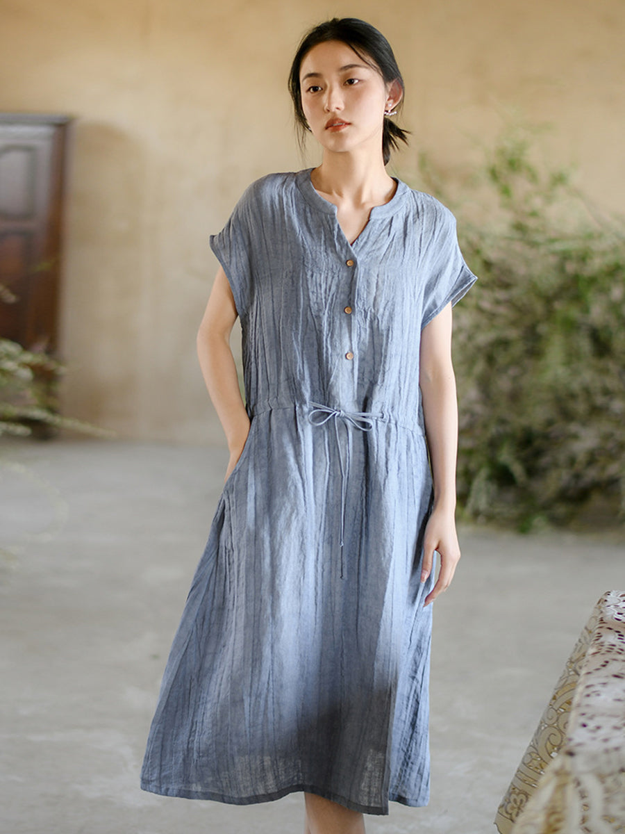 Women Summer Vintage Solid Strap Wrist Linen Dress OO1011