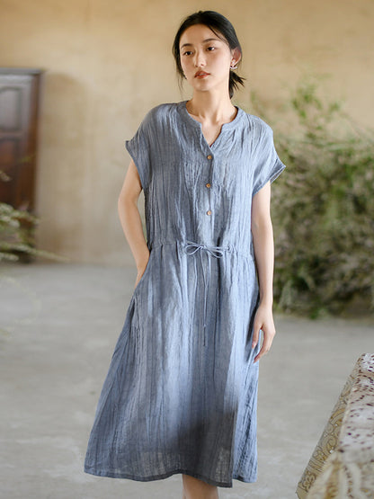 Women Summer Vintage Solid Strap Wrist Linen Dress OO1011