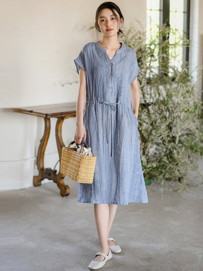 Women Summer Vintage Solid Strap Wrist Linen Dress OO1011