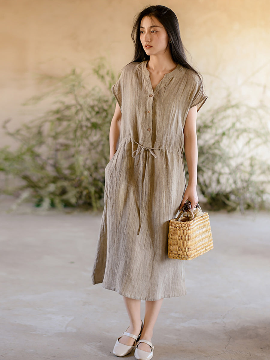 Women Summer Vintage Solid Strap Wrist Linen Dress OO1011