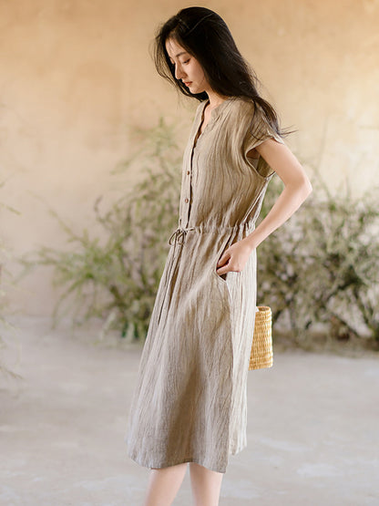 Women Summer Vintage Solid Strap Wrist Linen Dress OO1011