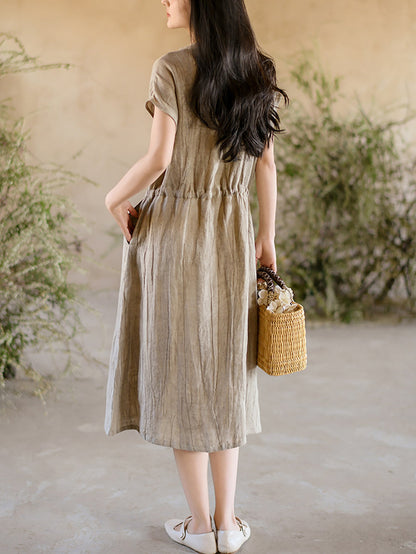 Women Summer Vintage Solid Strap Wrist Linen Dress OO1011