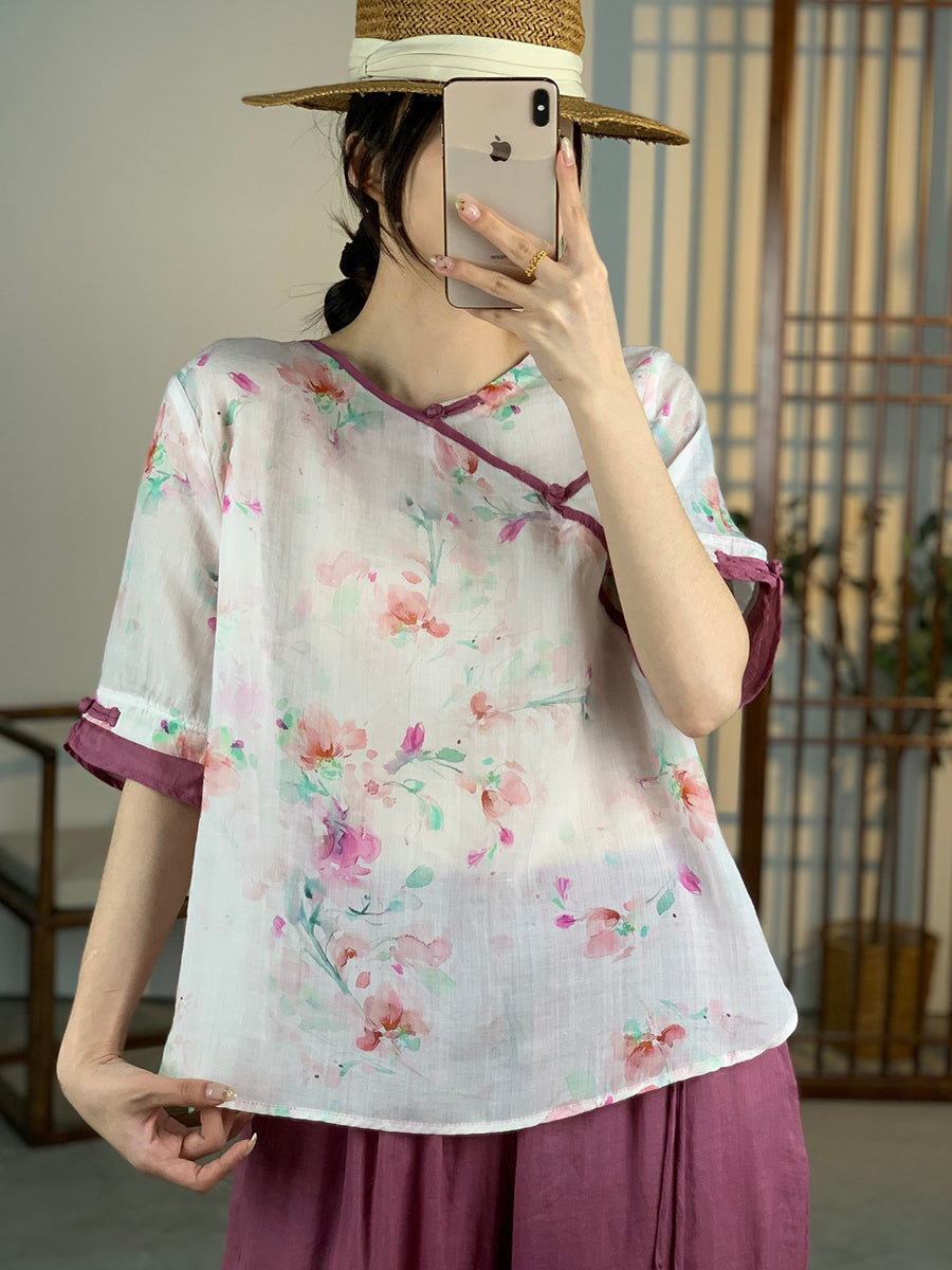 Chemise d'été à boutons et motif floral pour femme en ramie OO1012