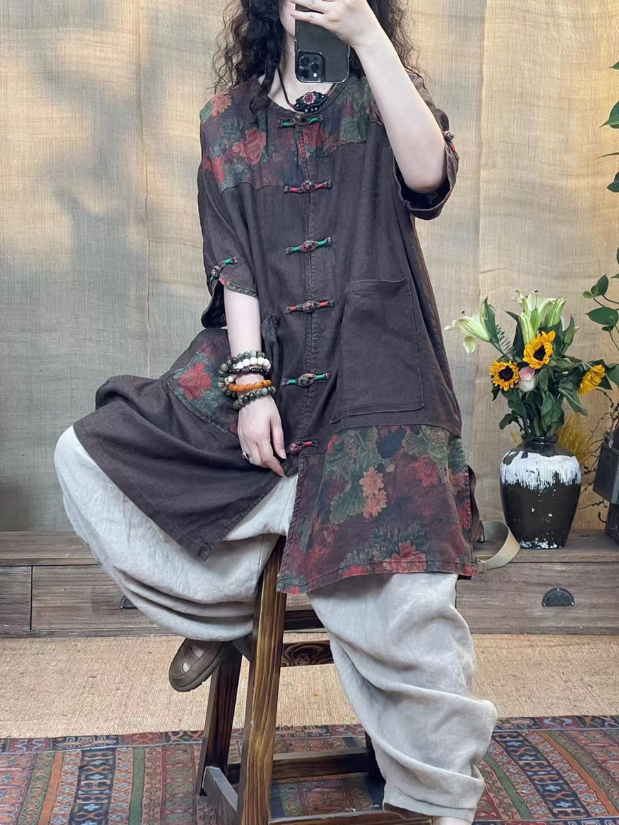 Women Summer Vintage Spliced Button Linen Shirt OO1014