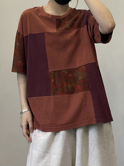 Women Summer Vintage Spliced O-Neck Cotton Shirt OO1015