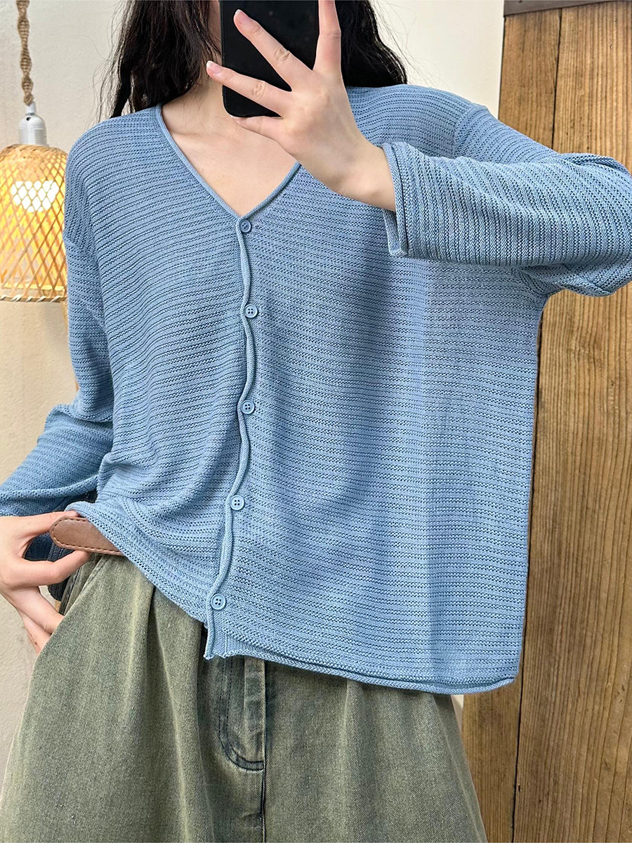 Women Summer Casual Solid Button-Up V-Neck Shirt OO1027