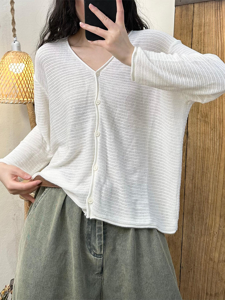 Women Summer Casual Solid Button-Up V-Neck Shirt OO1027