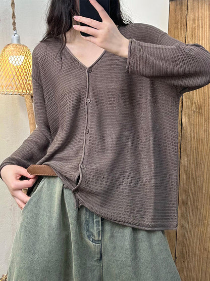 Women Summer Casual Solid Button-Up V-Neck Shirt OO1027