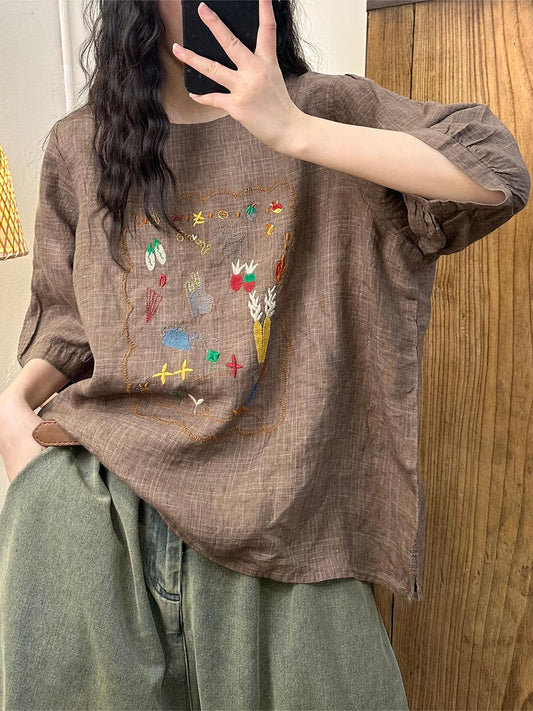 Women Summer Artsy Embroidery Linen Shirt II1055