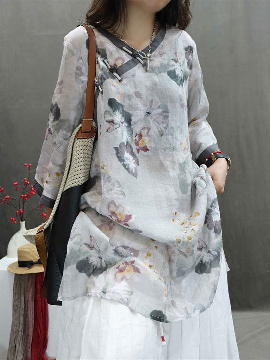 Women Summer Vintage Flower Spliced Ramie Shirt II1036