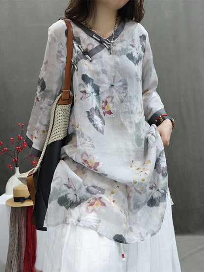 Women Summer Vintage Flower Spliced Ramie Shirt II1036