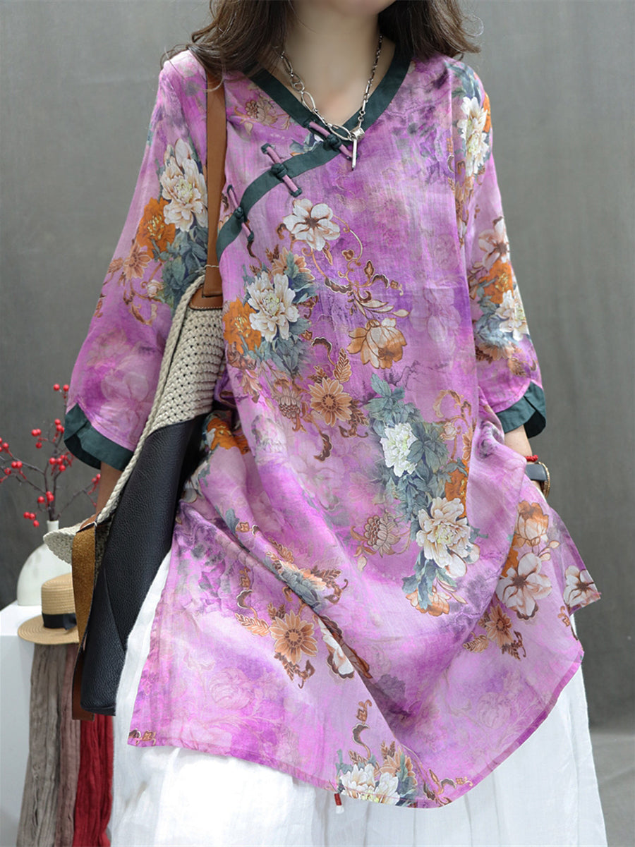 Women Summer Vintage Flower Spliced Ramie Shirt II1036