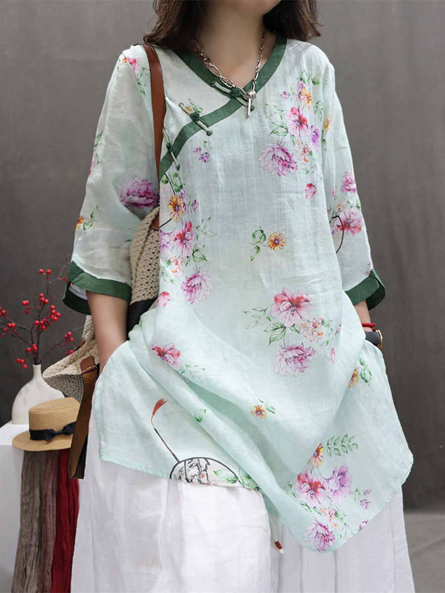 Women Summer Vintage Flower Spliced Ramie Shirt II1036