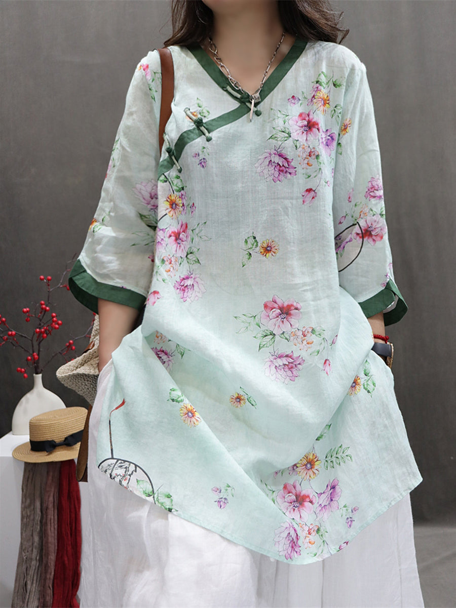 Women Summer Vintage Flower Spliced Ramie Shirt II1036